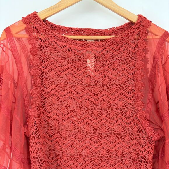 Free People Crochet Lace Angel Sleeve Blouse in Orange New Romantics Sz XS, Boho - Picture 3 of 9